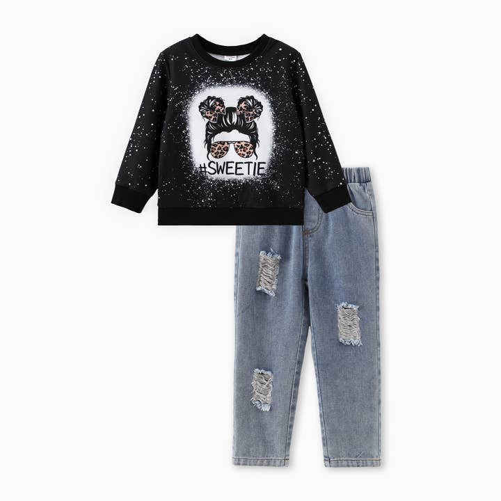 Ensemble de 2 sweat-shirts à personnages et pantalons en jean déchirés pour tout-petits pour la vente par PatPat Matching