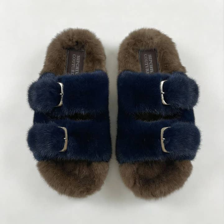 Mink Slide Sandals Shoes - Brown ‘n’ Navy for wholesale by Hipchik