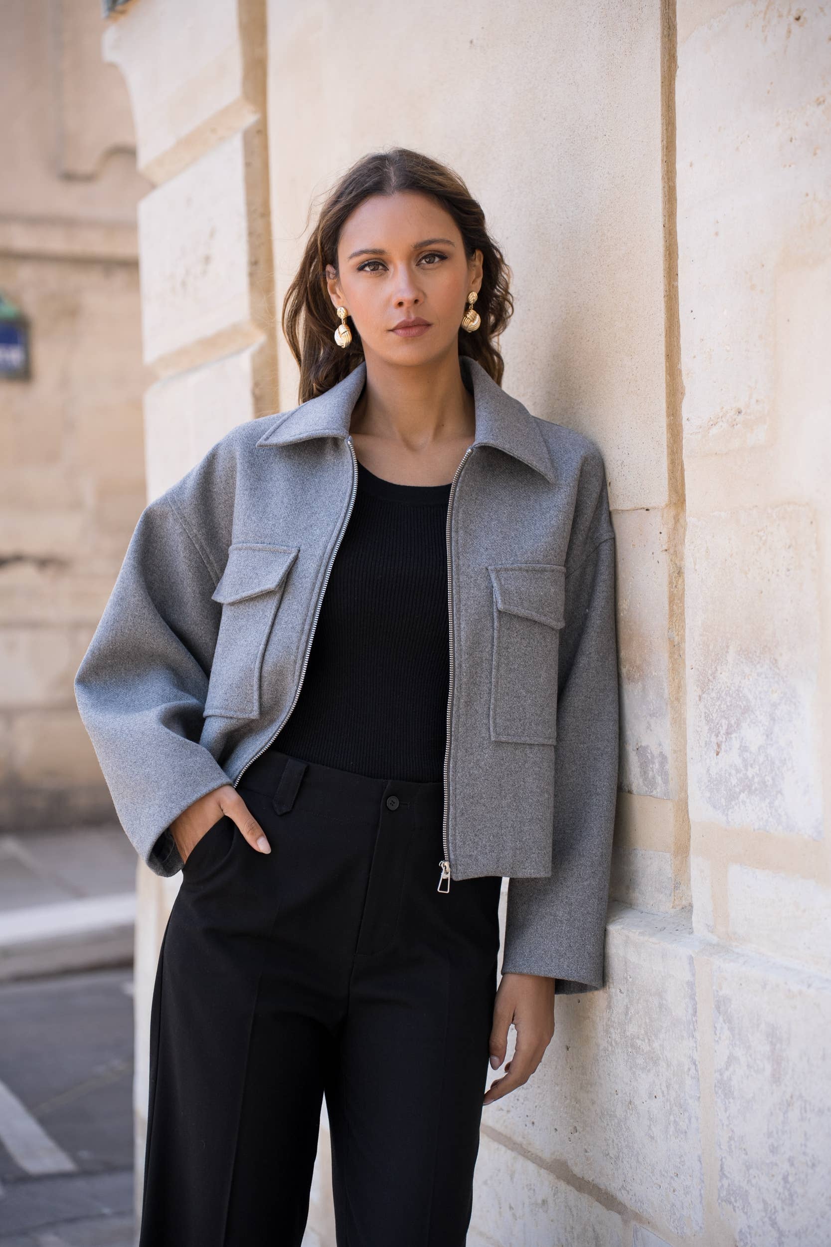 Attentif Paris - Wholesale Jacket - Women's - Structured short jacket in blended wool with patch pockets10