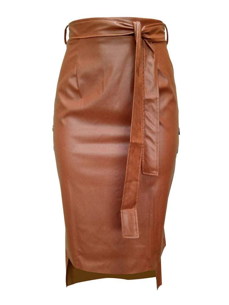 BROWN High-Waist Faux Leather Button-Slit Midi Skirt for wholesale on Faire2