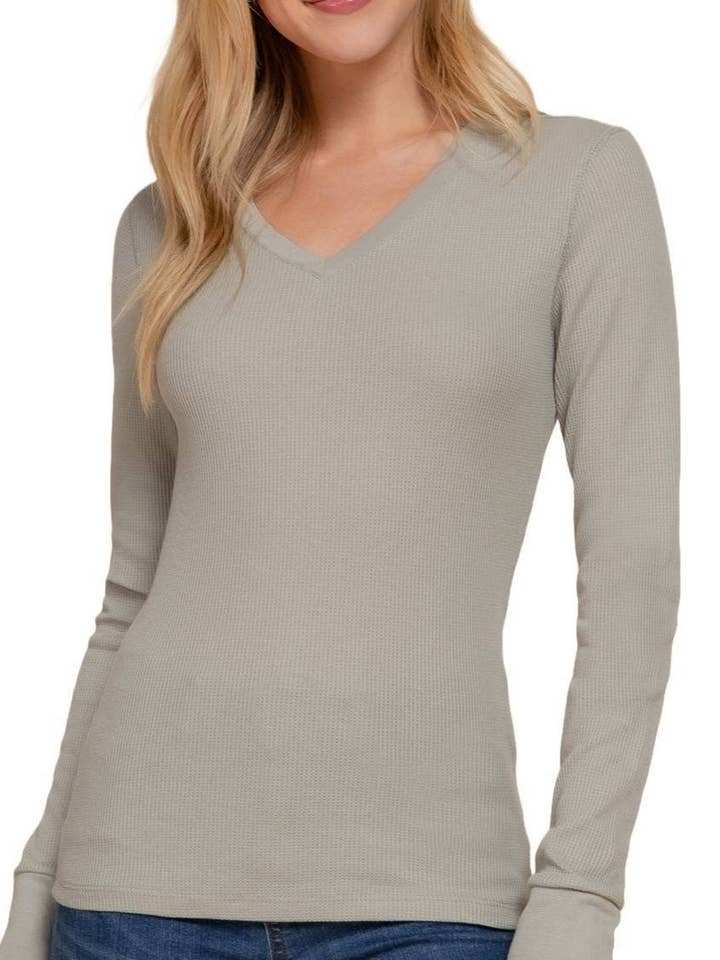 Long Sleeve V-neck Thermal Knit Top for wholesale by Vanilla Monkey
