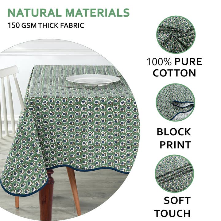 Fabricrush - Wholesale Tablecloth - Basil Green Block Printed Piping Tablecloth 100% Cotton 6