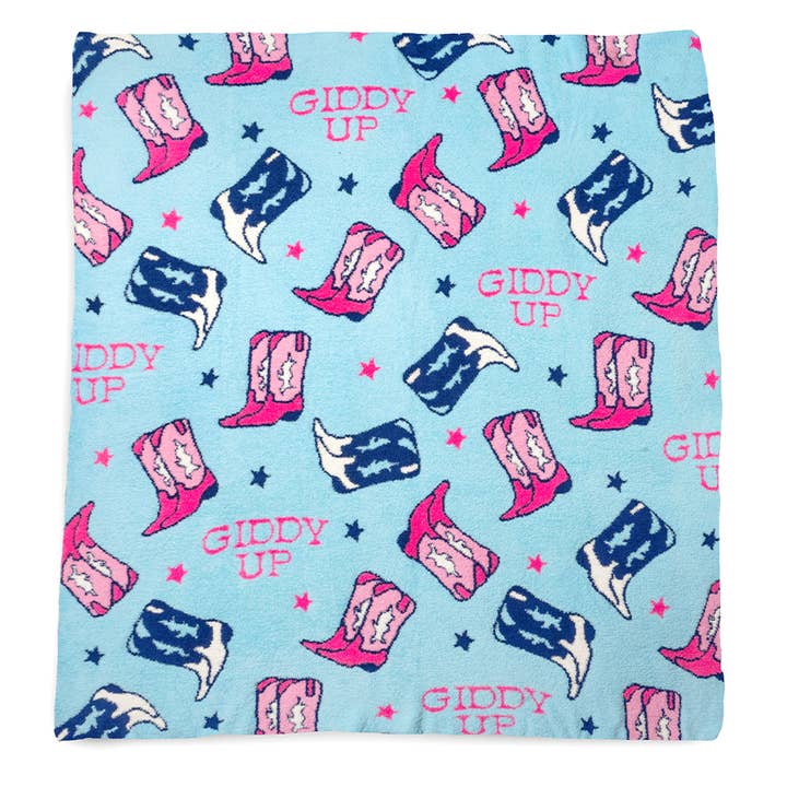Living Royal - Wholesale Bedding Blanket - Throw Blanket - Cowgirl Boots - "Giddy Up" - Blue & Pink