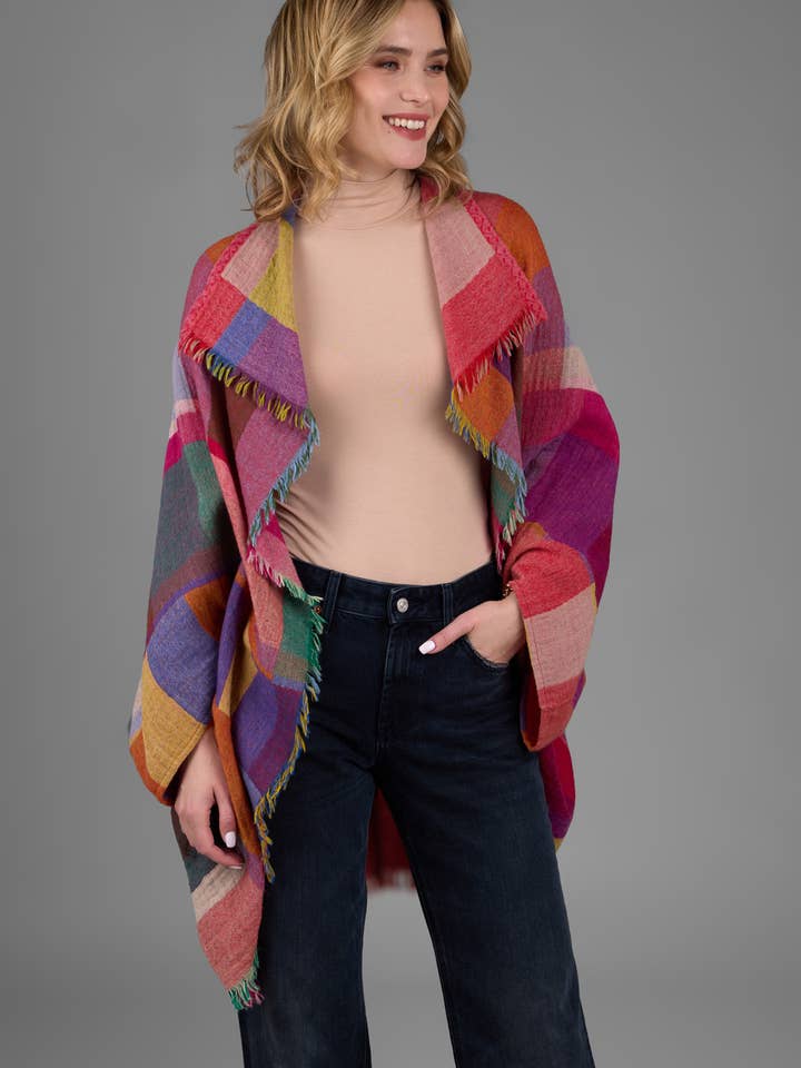 SAACHI - Wholesale Poncho - Women's - Woolen Rainbow Color Grid Cocoon Poncho2