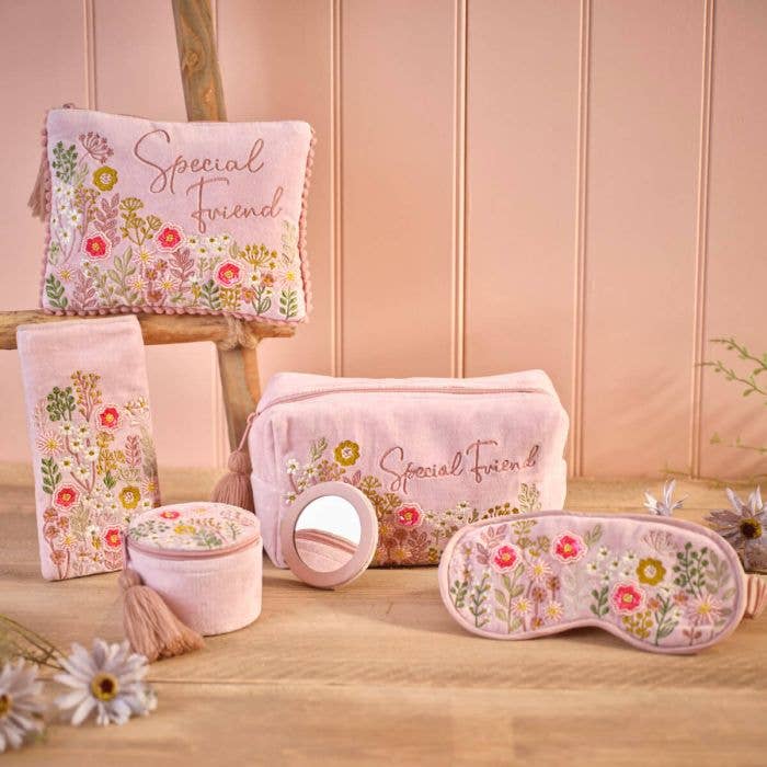 Langs – Großhandel Schmuckschatulle/-Organizer – Runde Schmuckschatulle aus Samtstoff mit Ditsy-Blumenstickerei und Glasperlen3