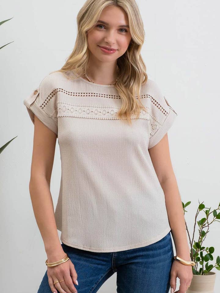 Blu Pepper - Wholesale Knit Top - Women's - SHORT TAB SLEEVE LACE TRIM CRINKLE KNIT BLOUSE