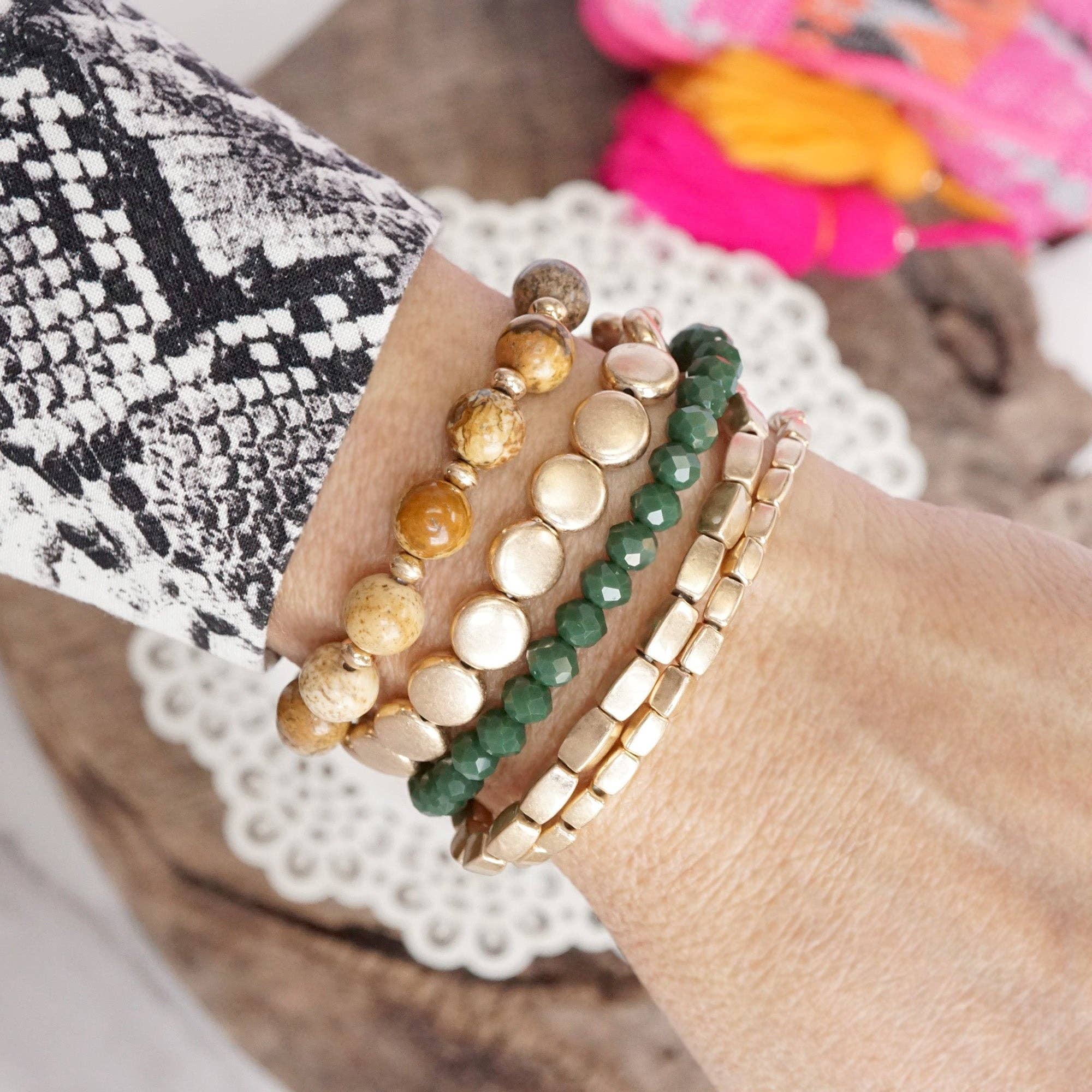 PennyLine inc - Wholesale Beaded Bracelet - 5 piece Boho Bracelet Stack Green Brown and worn gold tone1