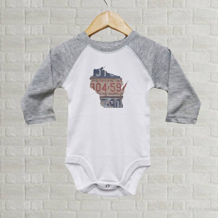 Wisconsin Baby Bodysuit | Romper | Vintage License Plate Art for wholesale by Juniper & Spruce