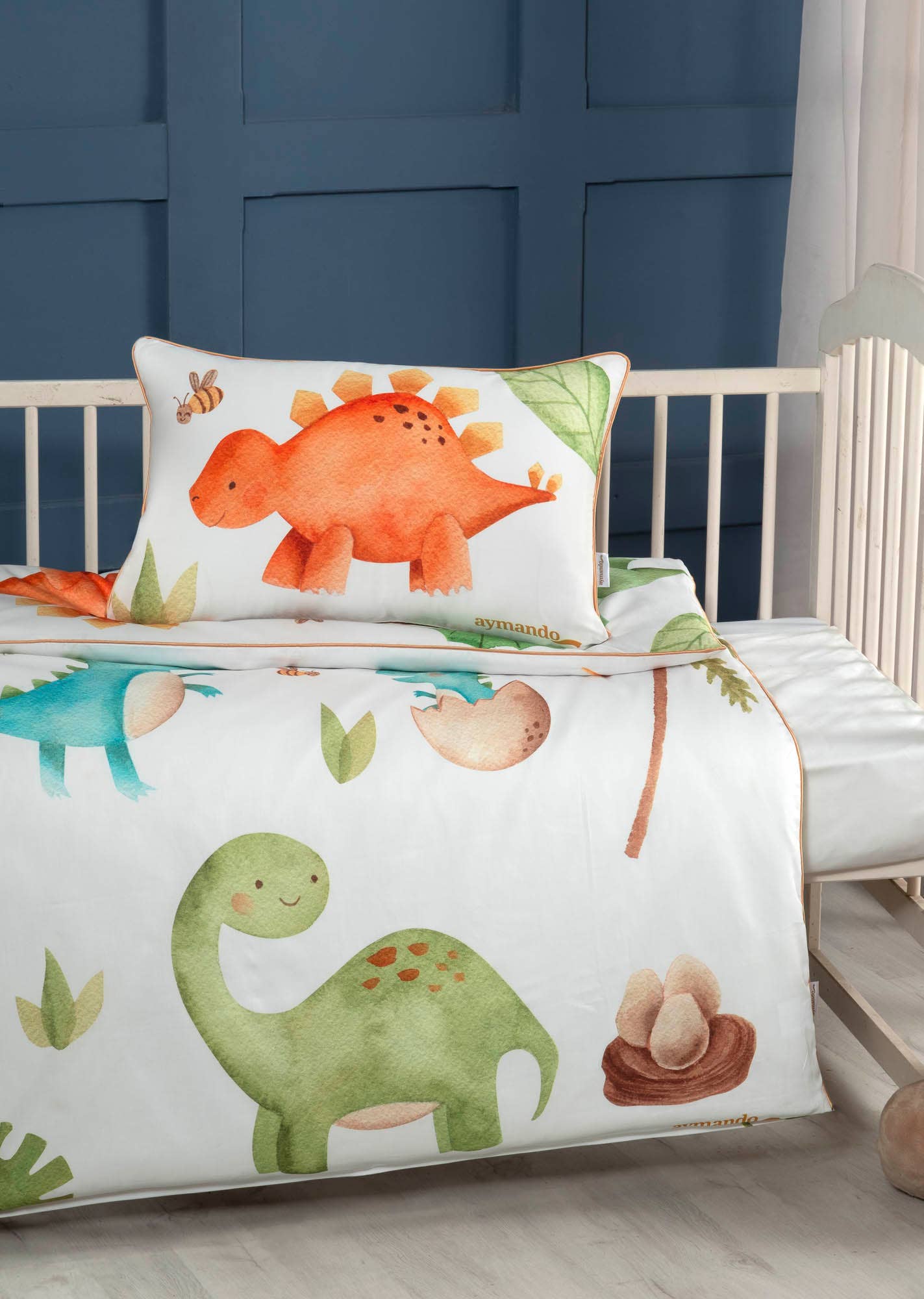 Aymando Home - Vendita all'ingrosso Set di lenzuola - Bambini e neonati - Set biancheria da letto per bambini in raso, 2 pezzi, 100 x 135 cm e 40 x 60 cm, dinosauro2