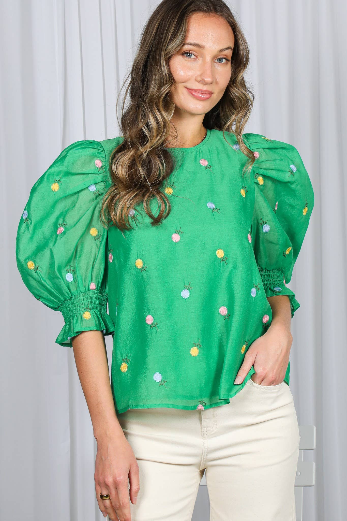 Vine & Love - Wholesale Blouse - Women's - Floral Embroidered Round Neck Organza Blouse Top VT82255-12