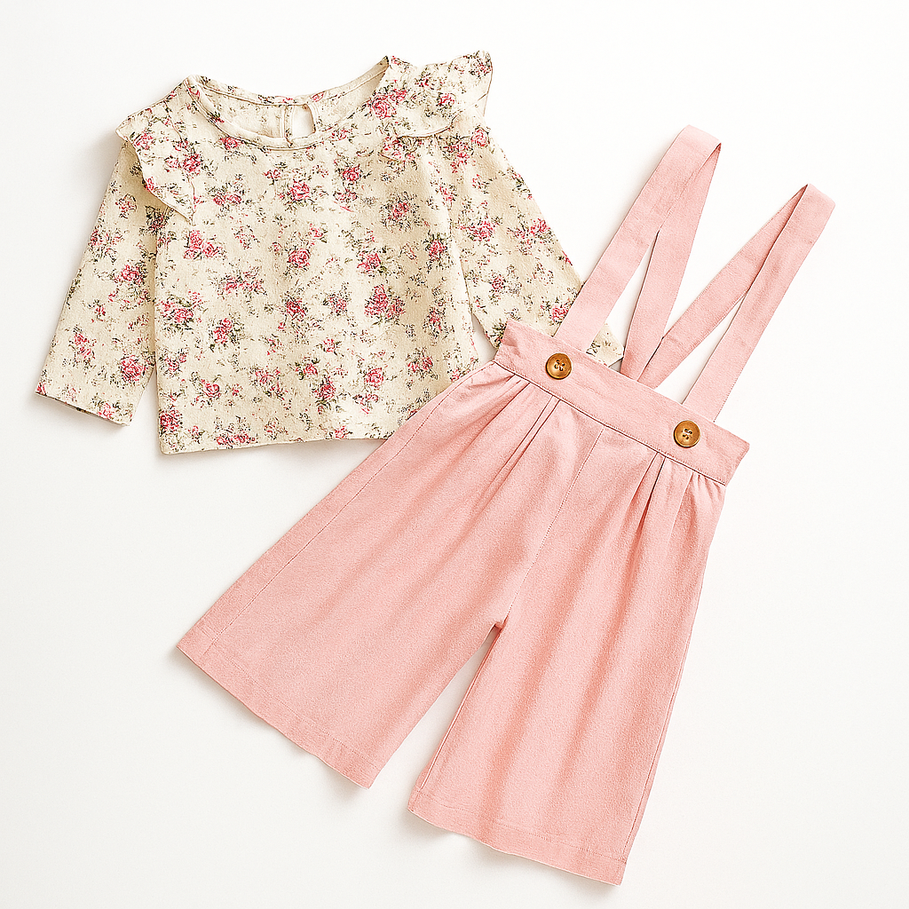 Fennco Styles - Wholesale Clothing Set - Baby - Floral Ruffle Top & Pink Suspender Wide Leg 2pcs Baby Outfit0