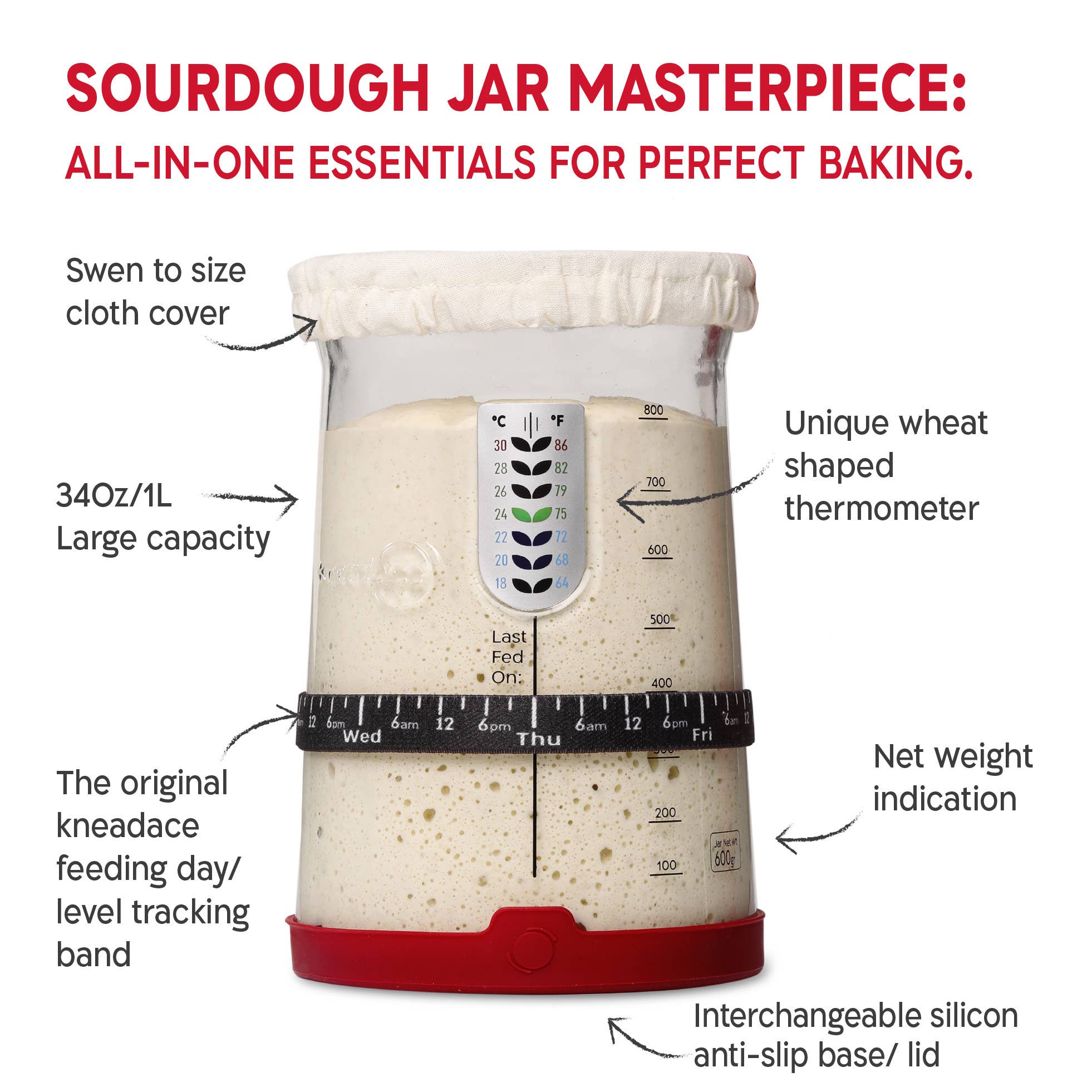 KneadAce – wholesale Kitchen tool/gadget – KneadAce PRO Sourdough Kit: 34oz Jar-Baskets-Bread Lame 3