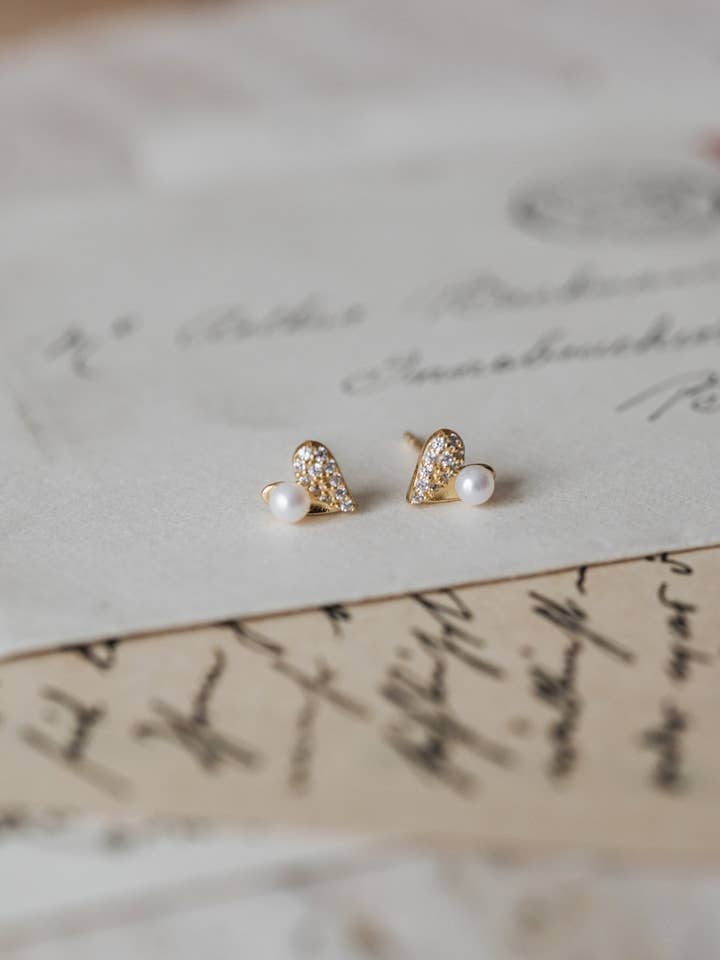 Pearl Heart Studs. Cara for wholesale by O'Milo