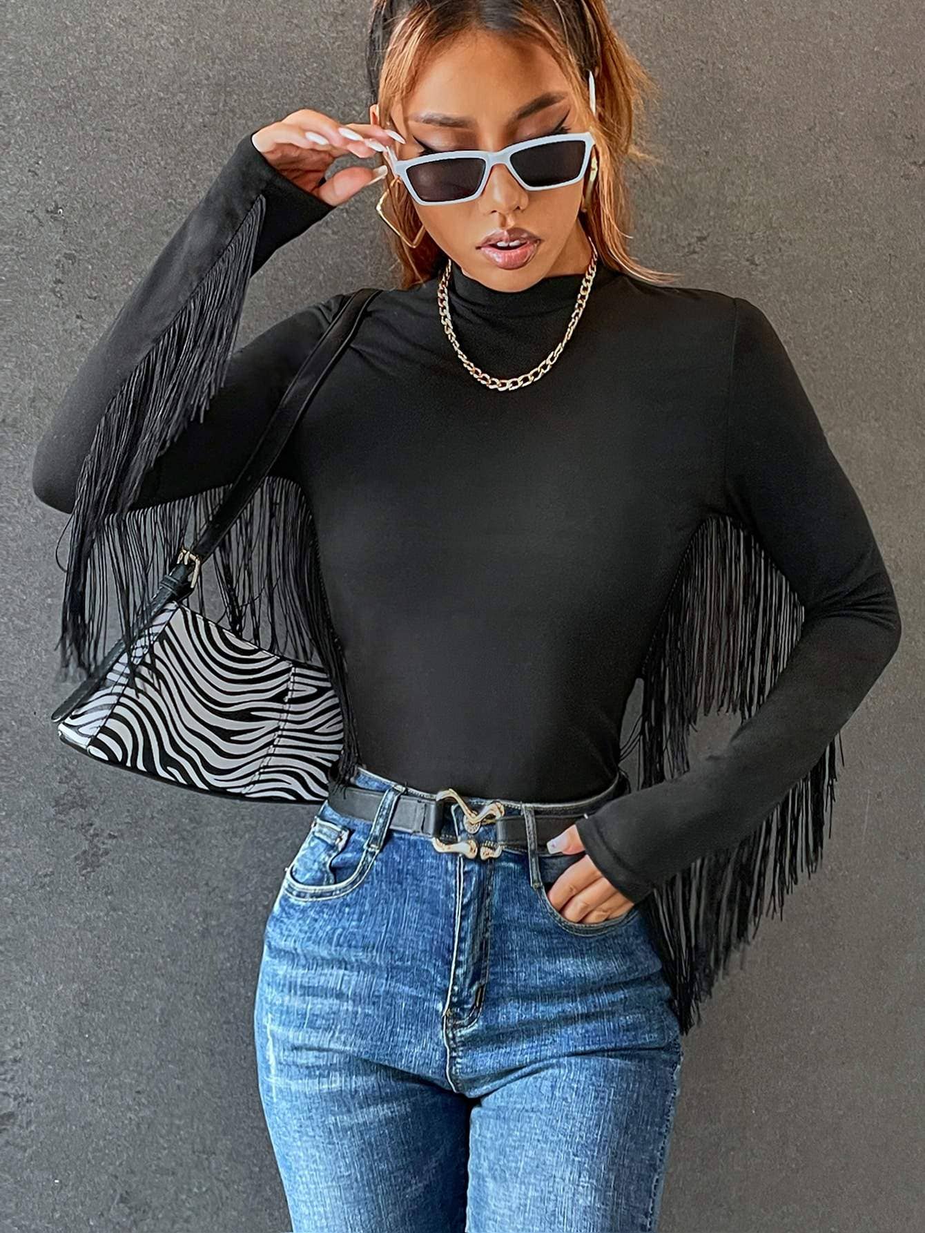 Flarix - Wholesale Blouse - Women's - fringe trim solid fitted tee2