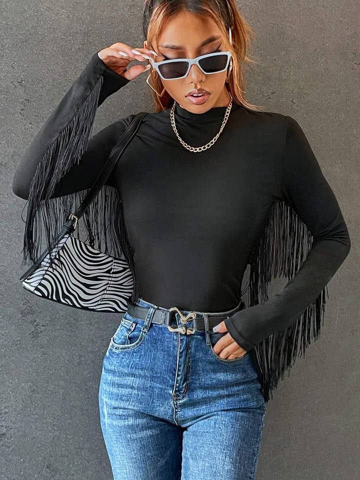 Flarix - Wholesale Blouse - Women's - fringe trim solid fitted tee2