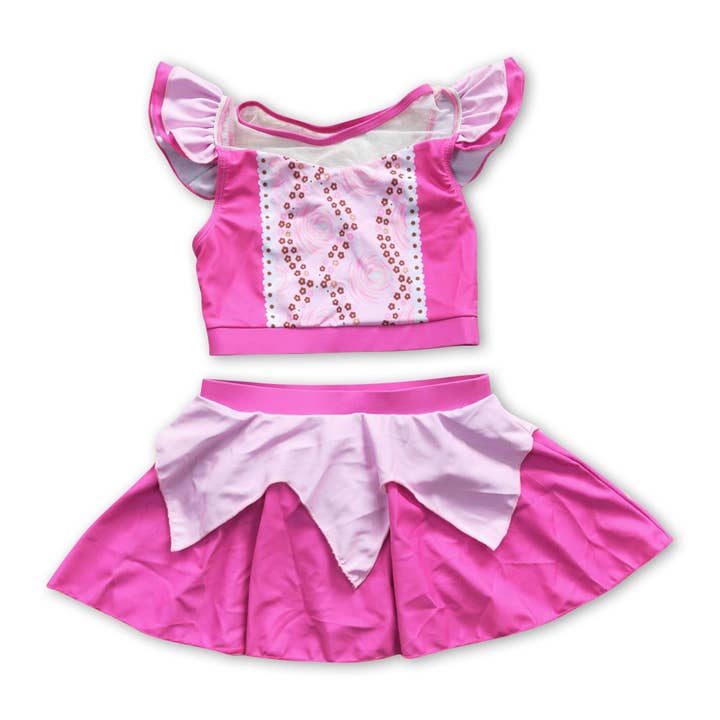 Yawoo Garments - Wholesale Two Piece Swimsuit - Kids - Hot pink floral 2 pcs lining princess girls swimsuit