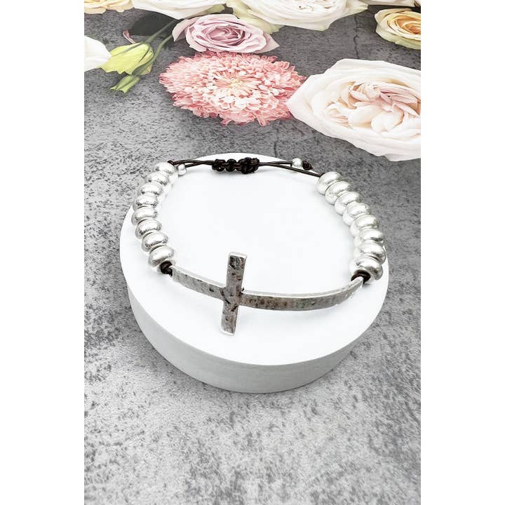 CROSS WITH METAL BEADED PULL TIE BRACELET for wholesale by JHP Collection