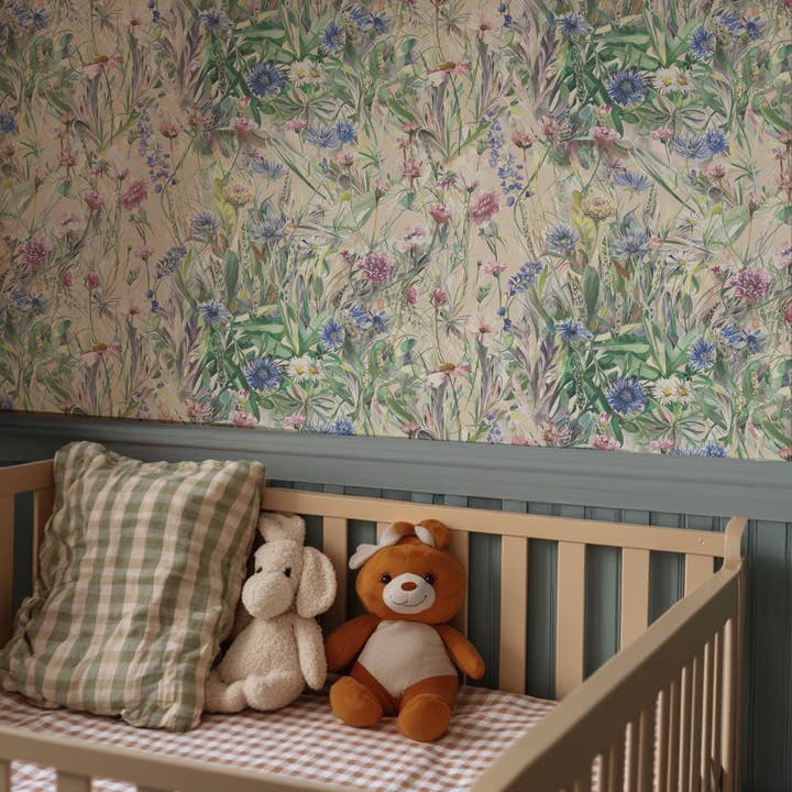 Meadow Wildflower Dusty Pink Wallpaper – Hand-Painted Design for wholesale by Katie Hipwell Design