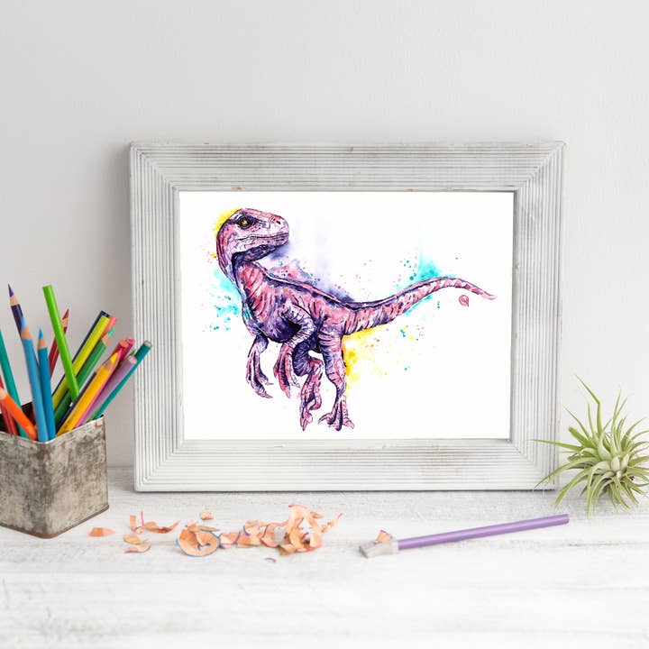 Whitehouse Art – wholesale Konsttryck – Blå Raptor - Kids Inredning, Dinosaurie konst, Barnkonst