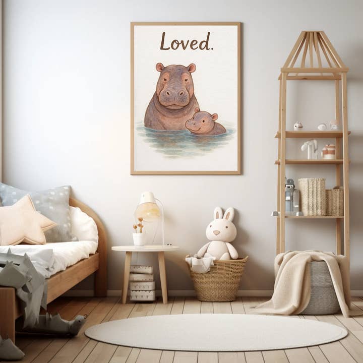 Loved Hippo Family Watercolour Nursery Children's Room Wall Decor Print for wholesale by WinsterCreations™