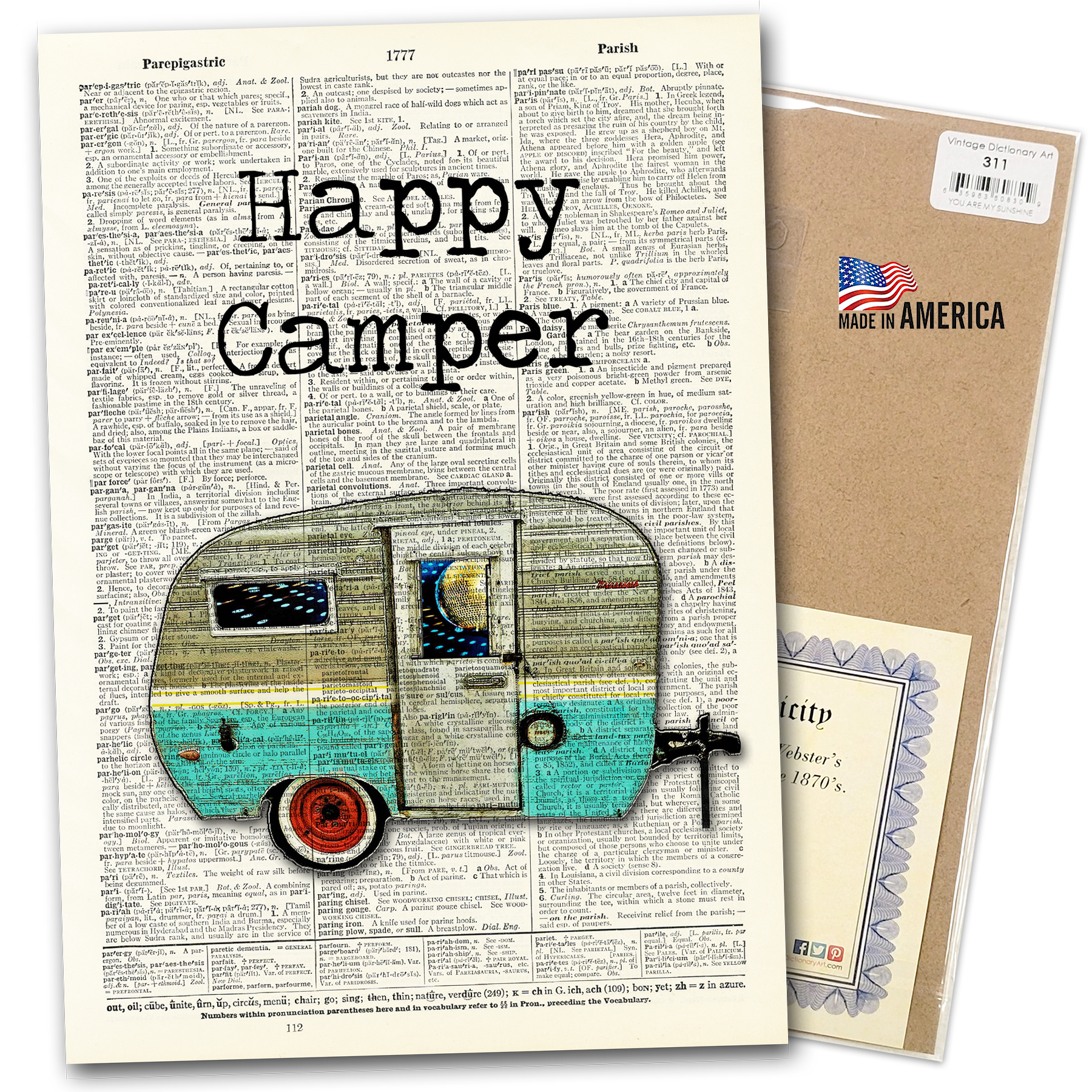 Vintage Dictionary Art - Wholesale Art Print - Art | Dictionary Page | Vintage | Happy camper1