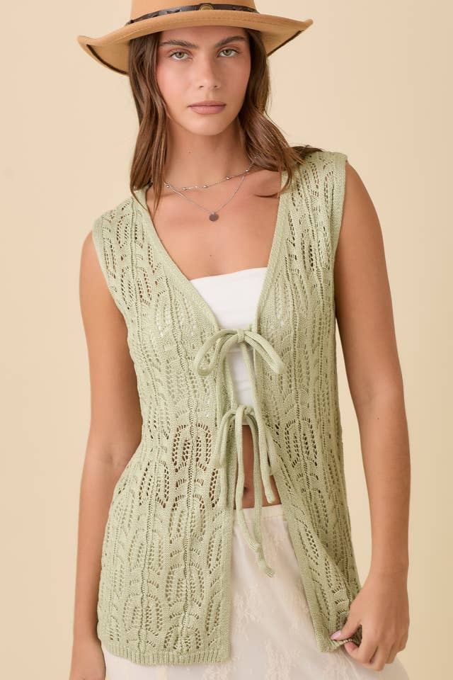 Main Strip - Vendita all'ingrosso Top in maglia - Donna - Gilet Lungo a Maglia Uncinetto con Laccio Frontale