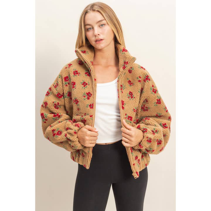 Double Zero - Wholesale Jacket - Women's - Comfy Floral Print Sherpa Zip-Up Jacket10