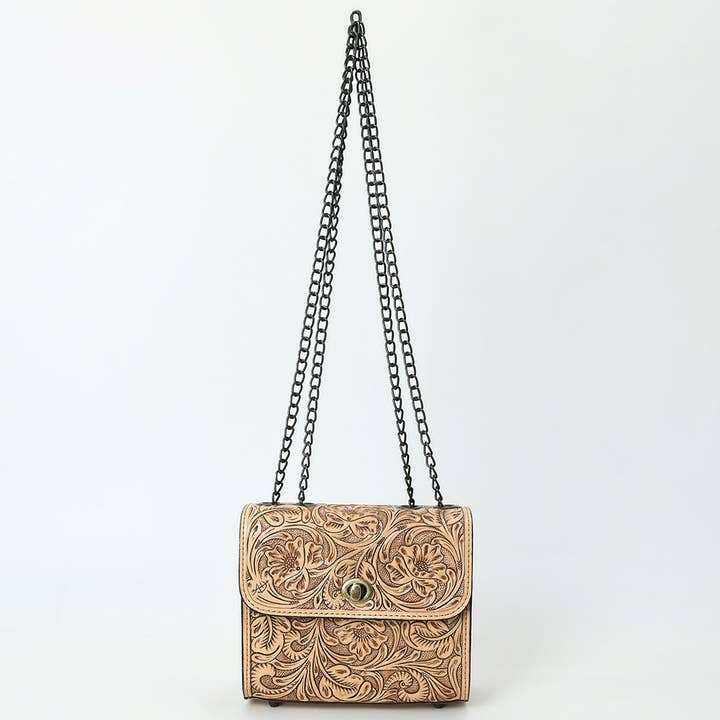 LS Western - Wholesale Crossbody bag – Women's - ADBG1630 Tooled Floral Leather Crossbody Bag with Antique Brass Turn Lock & Chain Strap9