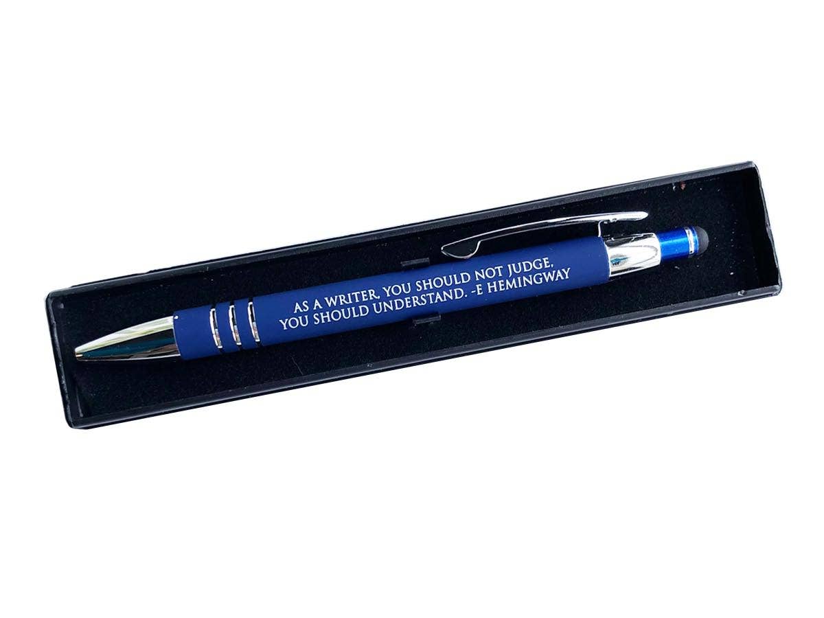 Fly Paper Products – wholesale Pen – As a Writer, you should not judge- Hemingway Quote Blue Pen1