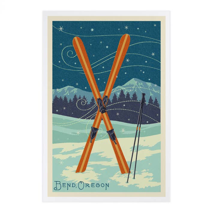 CARTOLINE PREMIUM Bend, Oregon, Crossed Skis, Letterpress per la vendita all'ingrosso da parte di Lantern Press