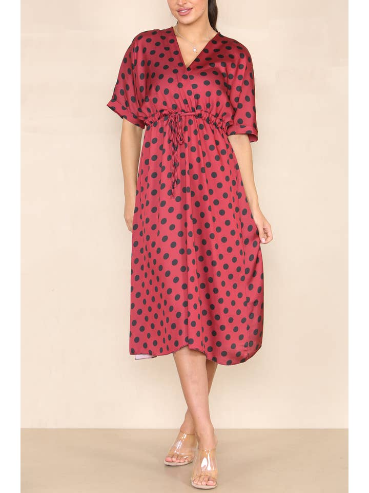 Kurt Muller - Wholesale Dress - Women's - Red Polka Dot Tie Waist Midi Dress