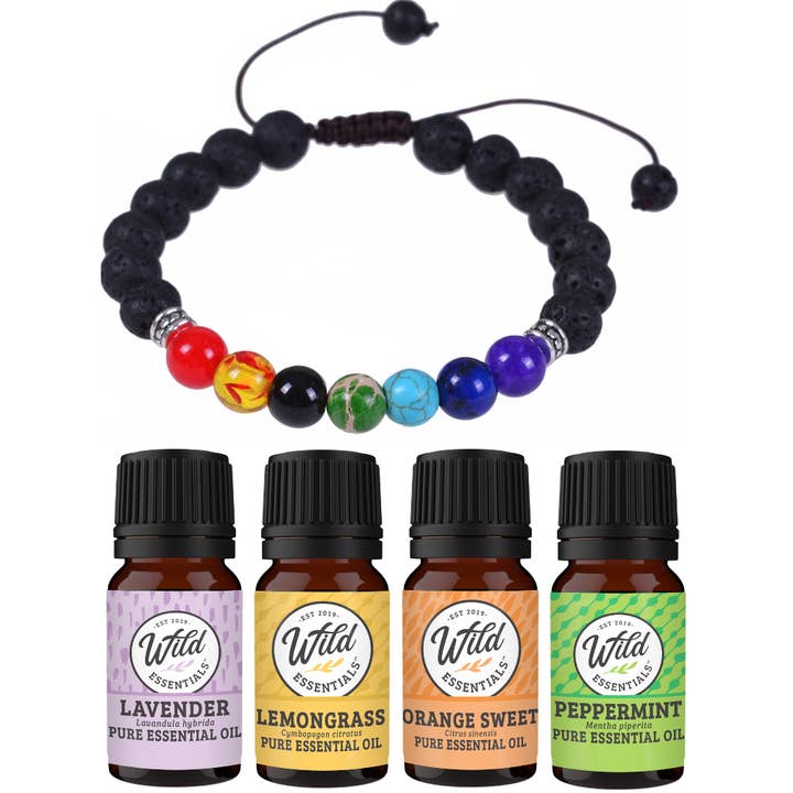 Wild Essentials - Wholesale Aromatherapy bracelet - "7 Chakras" Lava Stone Aromatherapy Bracelet Set with 4 oils0