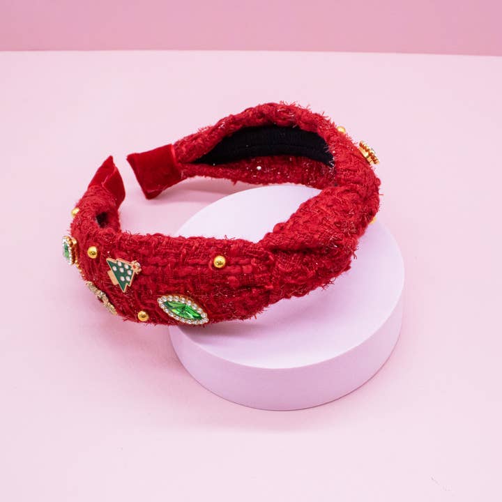 Frog Sac - Wholesale Fashion Headband - Kids - Embellished Christmas Knot Headband - Tweed Rhinestone Pearl