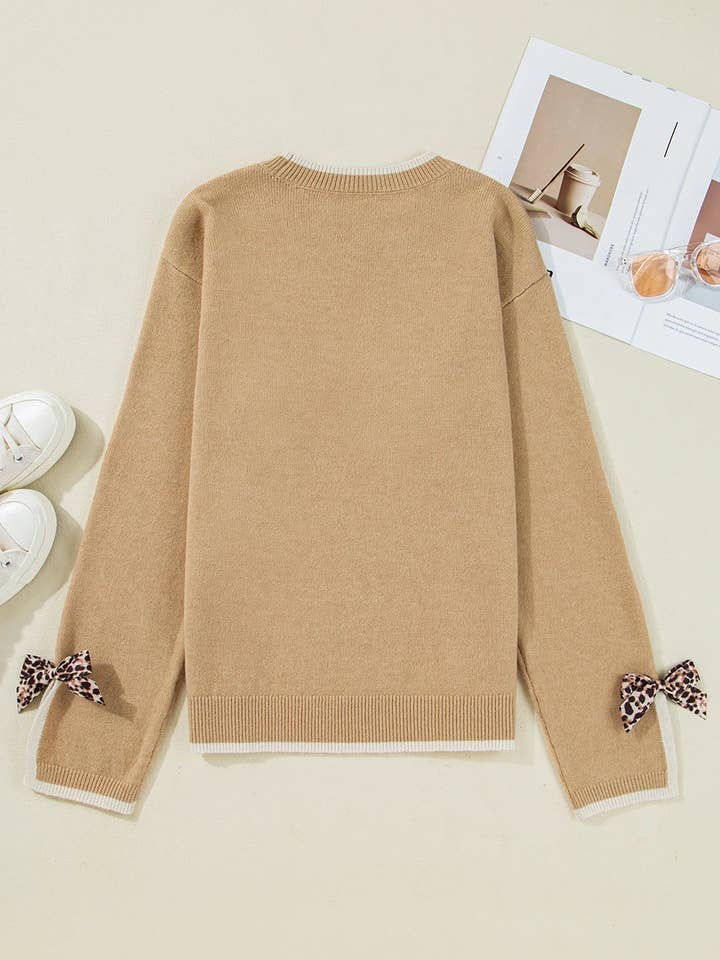 Suhkasana - Wholesale Knit Sweater - Women's - Leopard Bow Split Cuff Contrast Knit Sweater for Women17