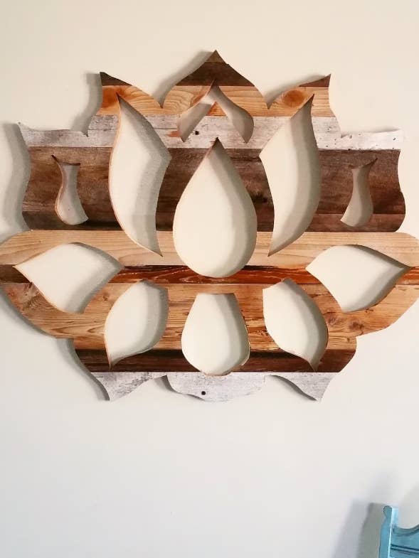 Lotus flower wall art, handcrafted reclaimed wood wall art for wholesale by Studio Wildflower