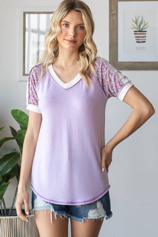 7th Ray – Großhandel Strickoberteil – Damen – Blumiges Multi-Stoff V-Ausschnitt Raglan Kurzarm-Top T59397