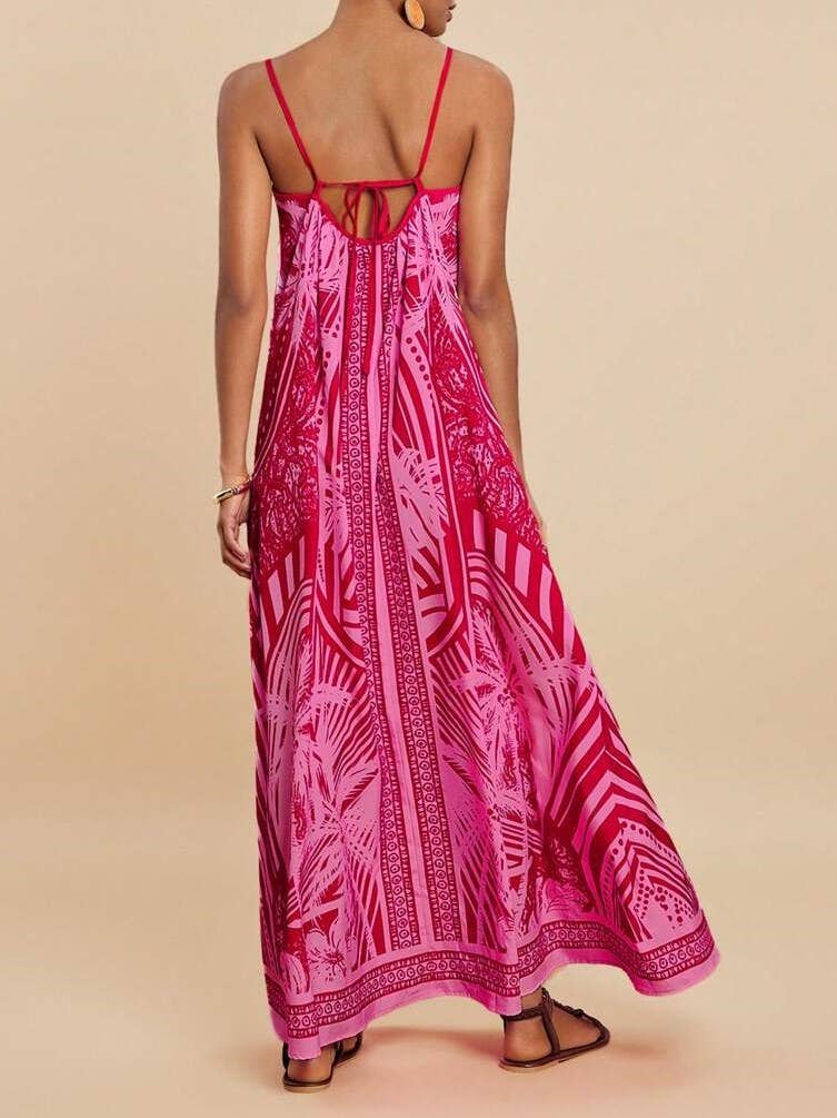 Tropical palm print swing maxi strappy dress in fuchsia for wholesale on Faire1