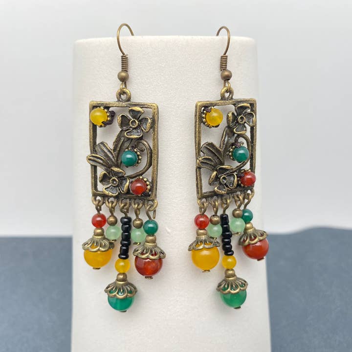 Mio Queena - Wholesale Dangle Earrings - Chinoiserie Agate Glass Beaded Flower Dangle Earrings - CS2
