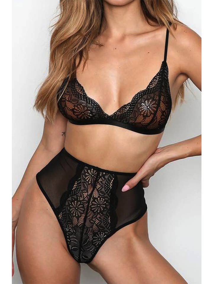 La Belle Fantastique – wholesale Underkläder - Dam – La Belle Fantastique svart spets- och mesh-bh med hög midja 2-delat underklädesset, sexig underkläder