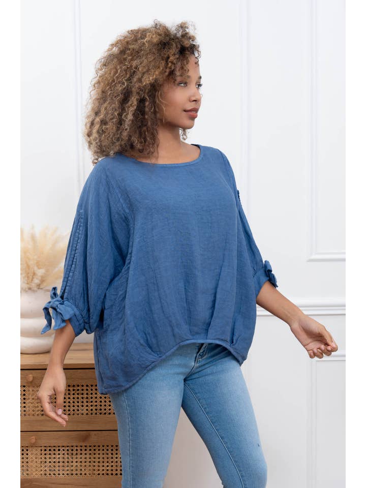 Happy look - Vente Chemisier – femme - Top Oversize en Lin avec Nœud sur les Manches9