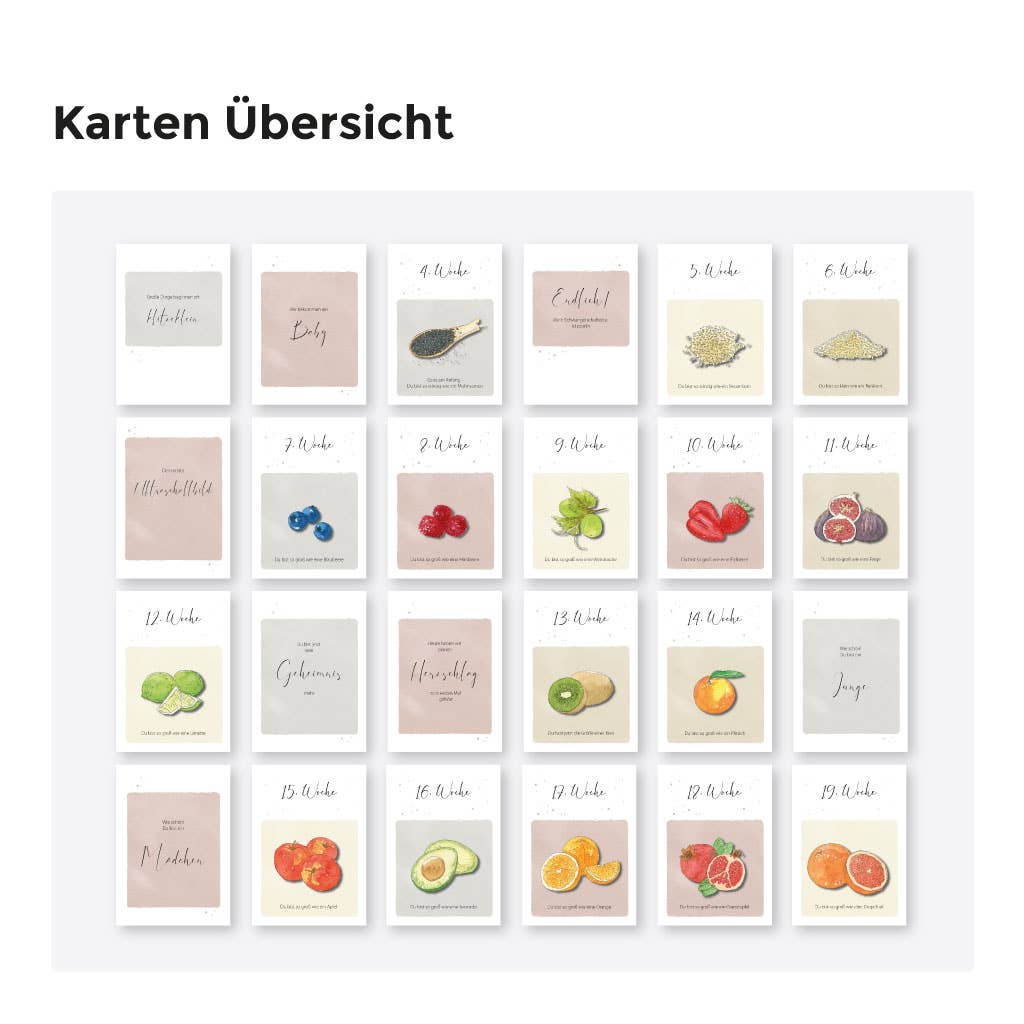 Funkenbunt – wholesale Vardagliga hälsningskort – Graviditetskort med milstolpar – frukt och grönsaker | 52 kort8