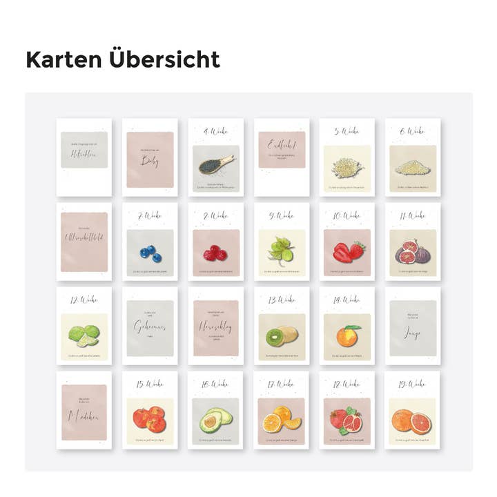 Funkenbunt – wholesale Vardagliga hälsningskort – Graviditetskort med milstolpar – frukt och grönsaker | 52 kort8