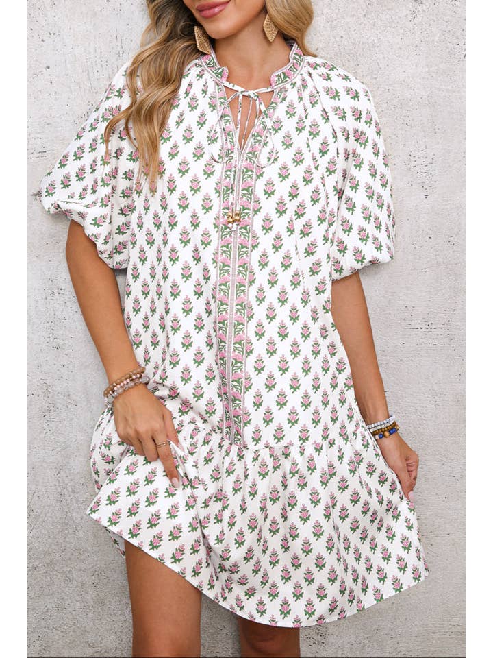 Pink Floral Ruffle Bubble Sleeve Spring Dress for wholesale on Faire