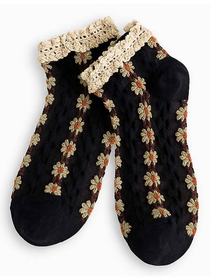 Sweetkama - Wholesale Socks – Women's - Ladies Floral Embroidery Ruffled Trim Knit Ankle Socks