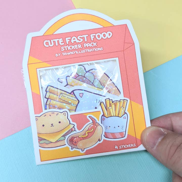 Cute Fast Food Holographic Sticker Pack (4 Stickers) for wholesale by Oshkico
