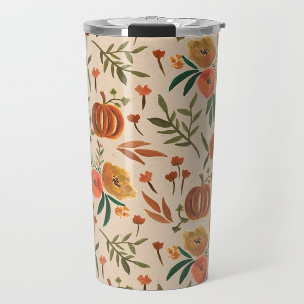 Lauren Ullrich Art - Wholesale Insulated Mug/Tumbler - Floral Fall Pumpkin Travel Mug0