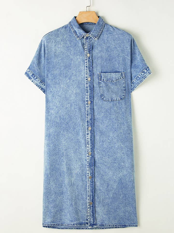 Light Blue Loose Medium Wash Chambray Dress with Short Sleeves for wholesale on Faire15