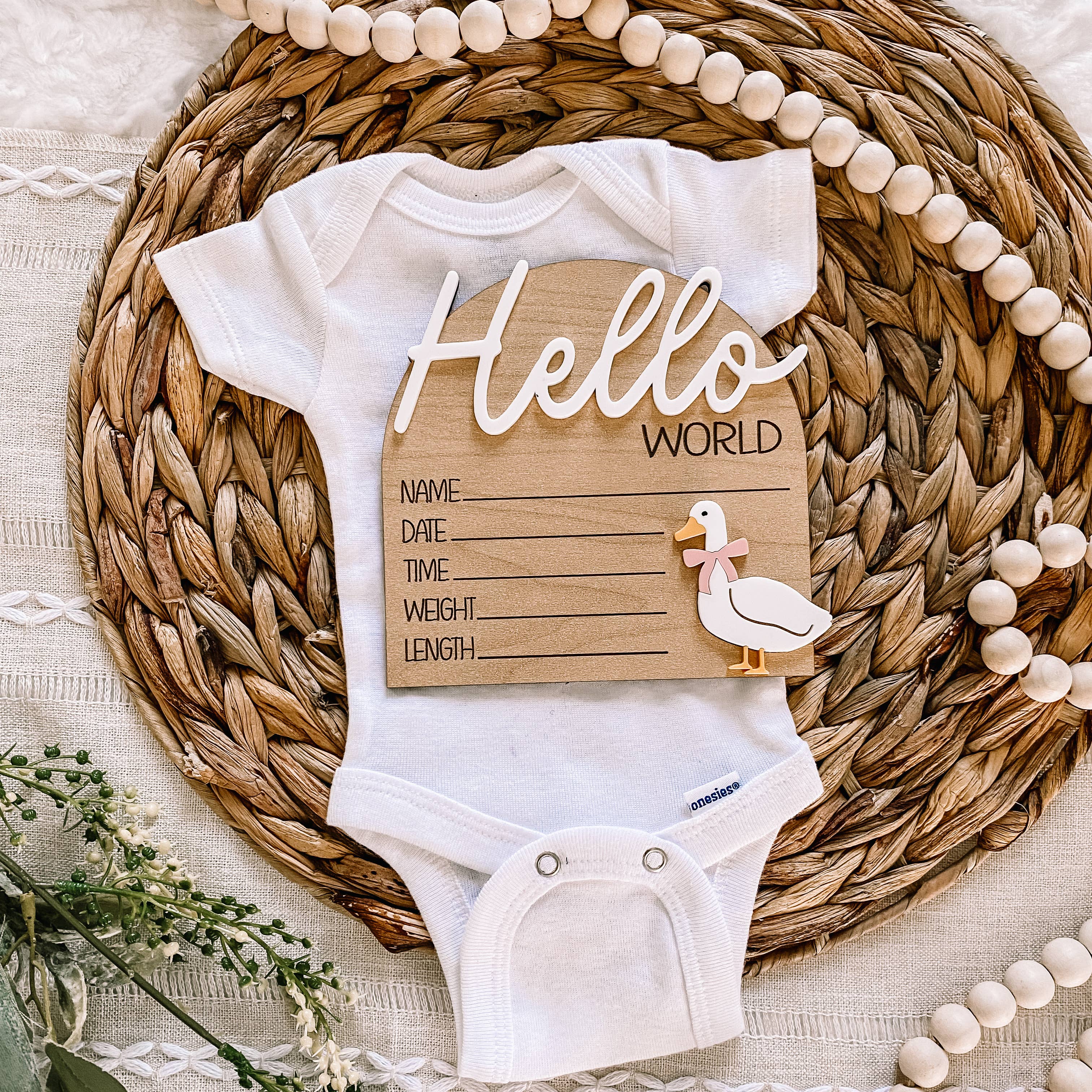 Claire and Bella - Wholesale Milestone Art/Keepsake - Kids & Baby - Hello World Birth Stat Sign - Goose with Bow1