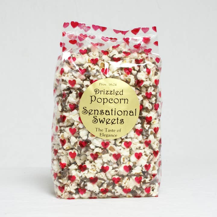 Gourmet Chocolate Drizzled Popcorn - 8 oz Heart Bag for wholesale by Sensational Sweets