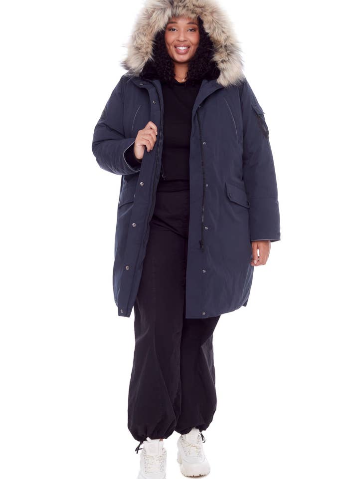 LAURENTIAN PLUS | WOMEN'S VEGAN DOWN (RECYCLED) LONG PARKA, NAVY (PLUS SIZE) for wholesale by Alpine North CA